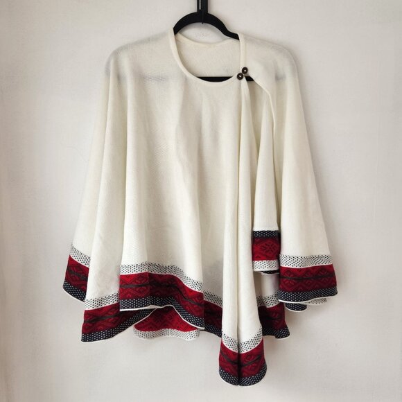 Cozy Knit Sweater Poncho Wrap Cream Red Fair Isle Print Women's Onesize (OS) - Picture 1 of 6